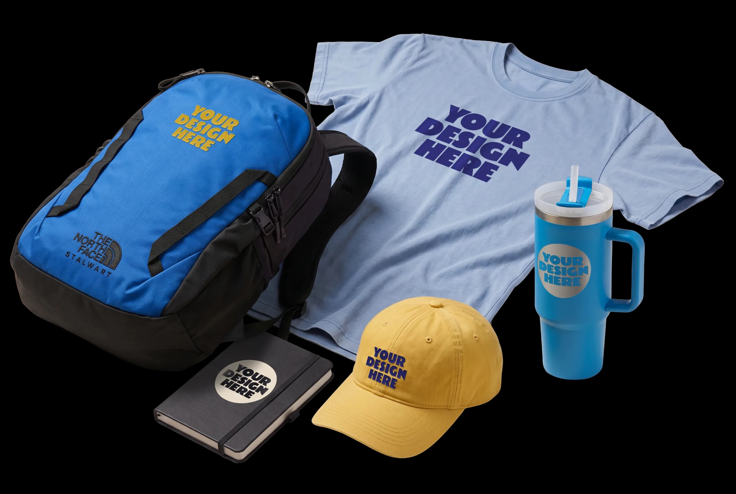A collection of customizable promotional gear—including a backpack, t-shirt, hat, tumbler, and notebook—all displaying "YOUR DESIGN HERE" placeholders.