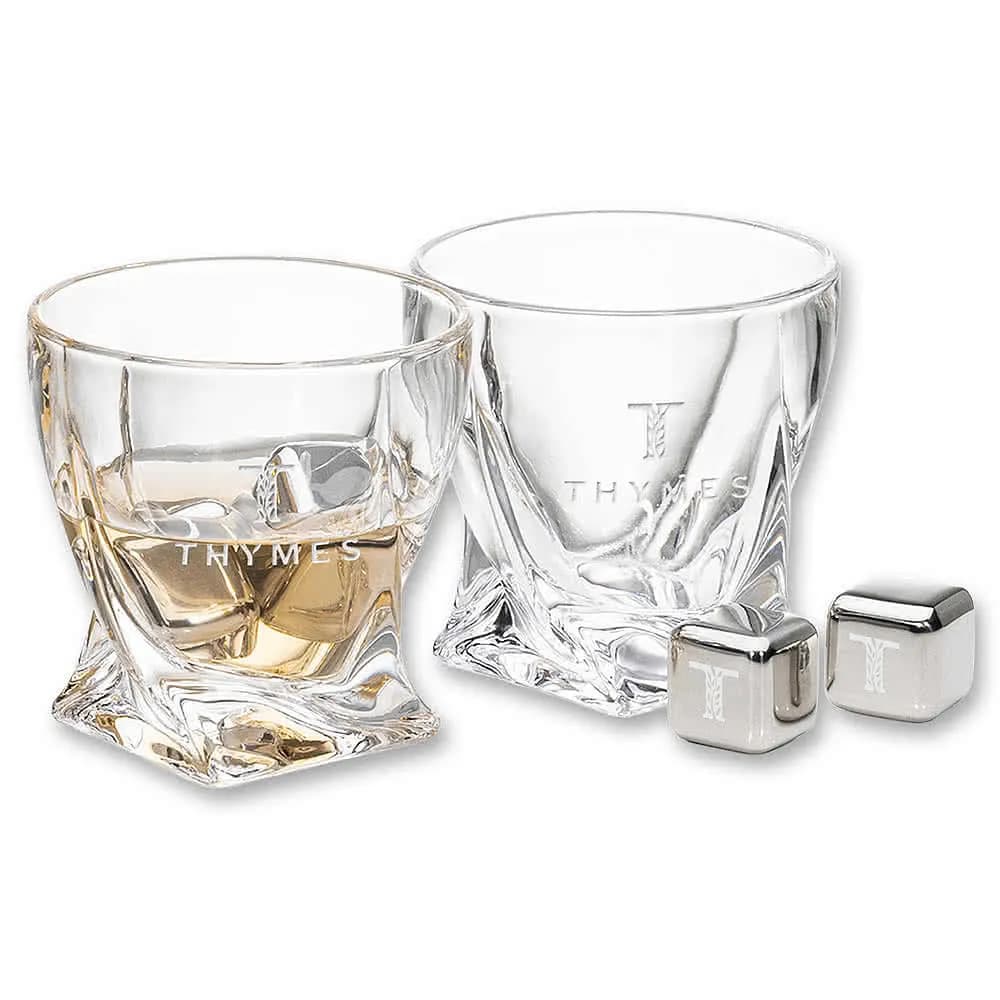 Laser engraved whiskey glass set with stones.
