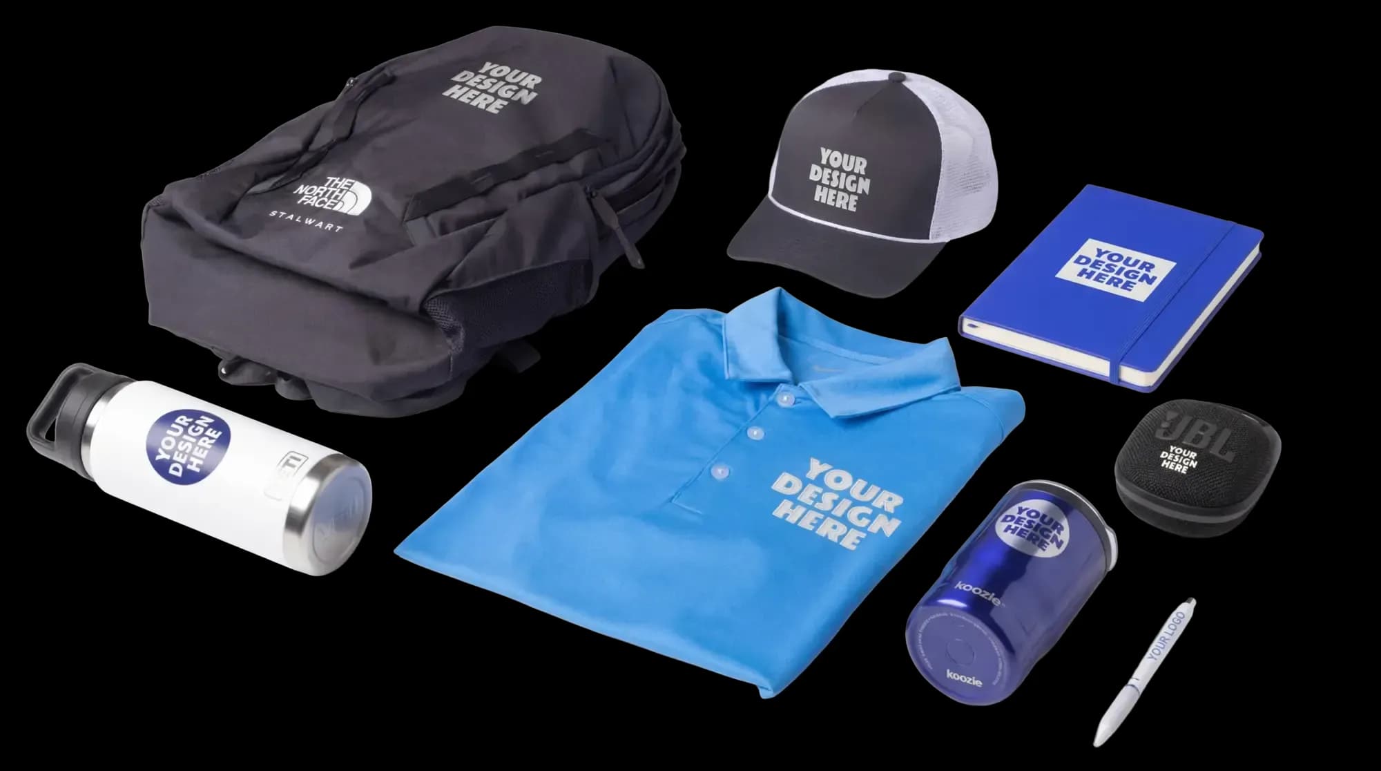 Custom branded products arranged on a green background: a The North Face backpack, polo shirt, baseball cap, water bottle, JBL speaker case, notebook, koozie, and pen, each shown with a "Your Design Here" logo placeholder — all available to personalize through Custom Ink.