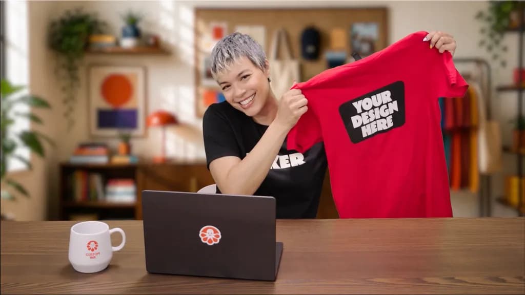 An inker holds up a 'Your Design Here' red custom t-shirt sitting at a desk with her laptop.