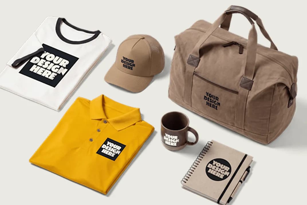 Laydown of products featuring inspirational 'Your Design Here' decoration, including T-shirt, Polo Shirt, Hat, Mug, Notebook, and Duffle Bag.