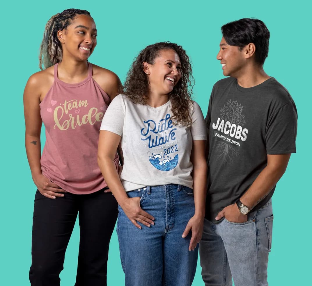 Three people wearing custom printed t-shirts with unique designs for events and occasions.