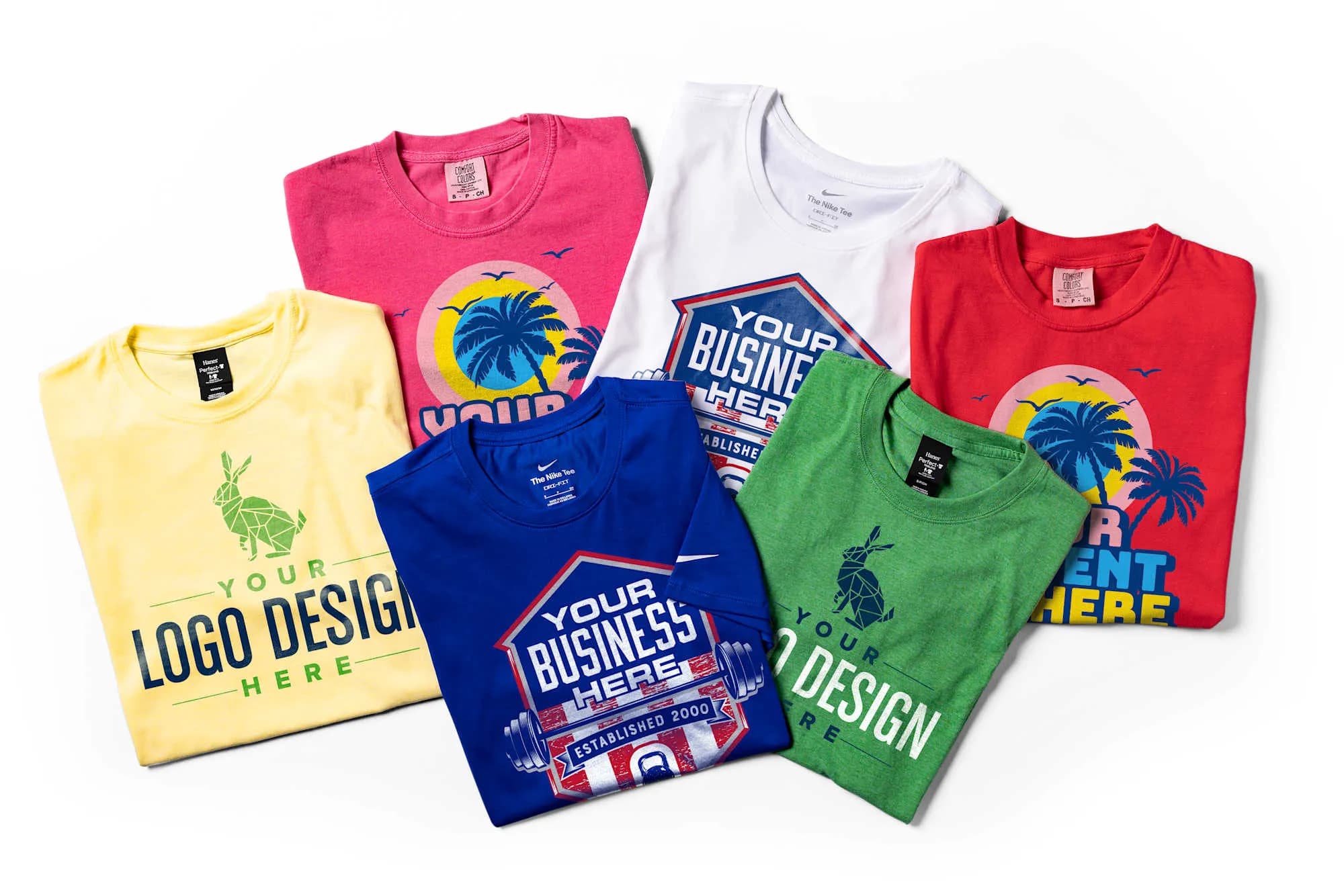 A laydown of six custom t-shirts featured a variety of inspirational business designs.