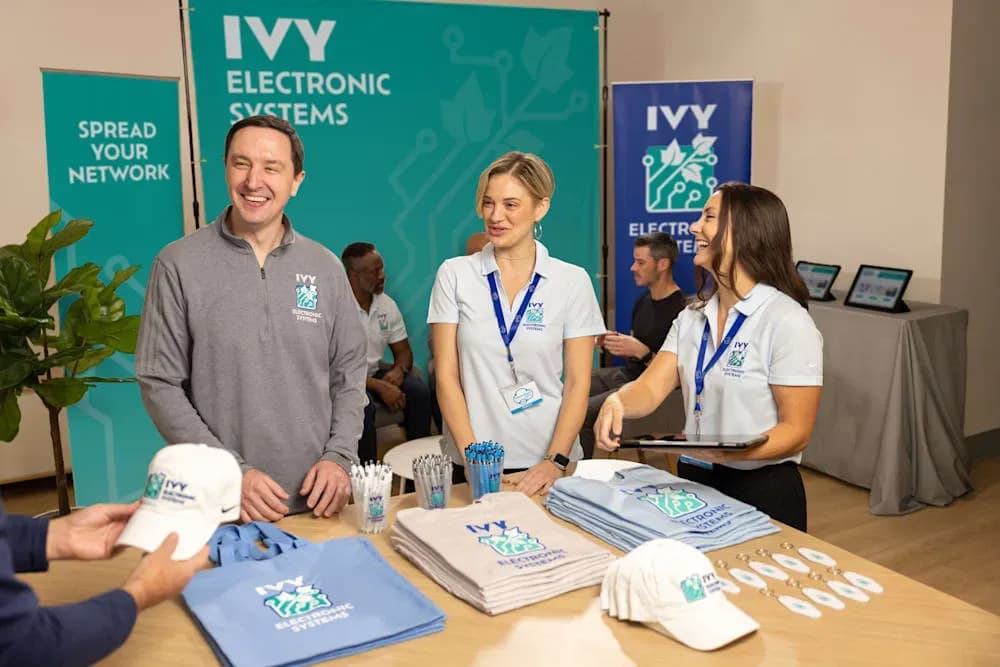 Three coworkers stand at a tradeshow booth, featuring custom signage, company logo uniforms, and branded giveaways.