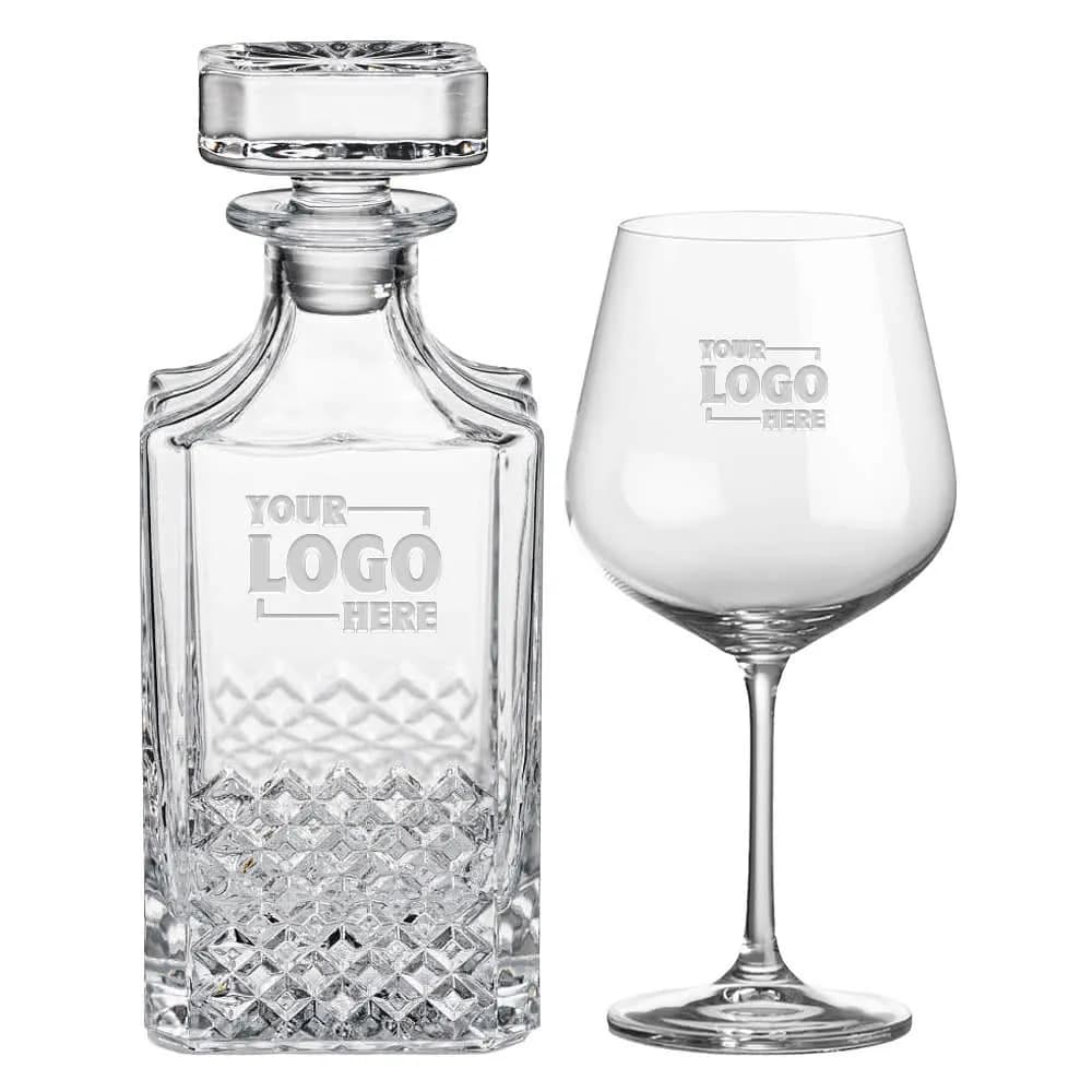 Laser engraved wine decanter and wine glass.
