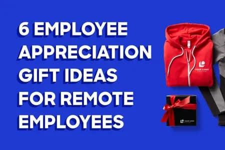 Employee appreciation gift ideas featuring custom branded apparel, water bottle, and gift box on a blue background.