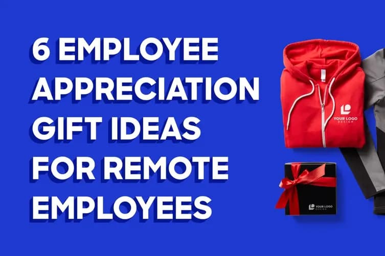 Employee appreciation gift ideas featuring custom branded apparel, water bottle, and gift box on a blue background.