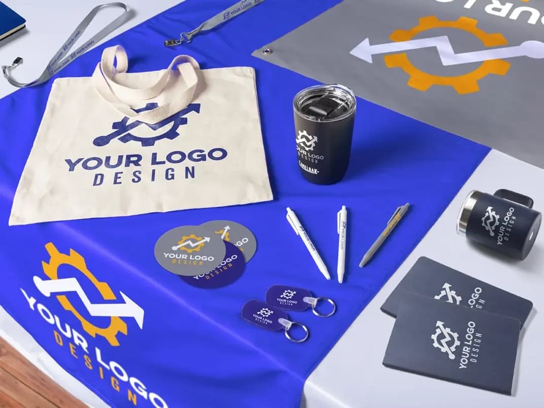 Collection of custom branded promotional products including tote bag, mugs, pens, banner, and tablecloth featuring company logo design.