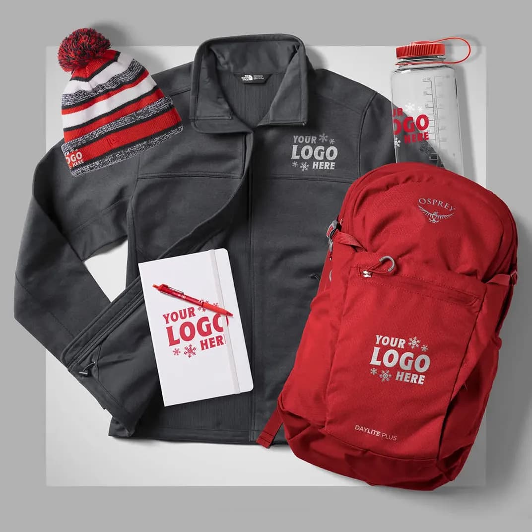 Set of custom branded products including a jacket, beanie, notebook, pen, water bottle, and backpack with company logo.
