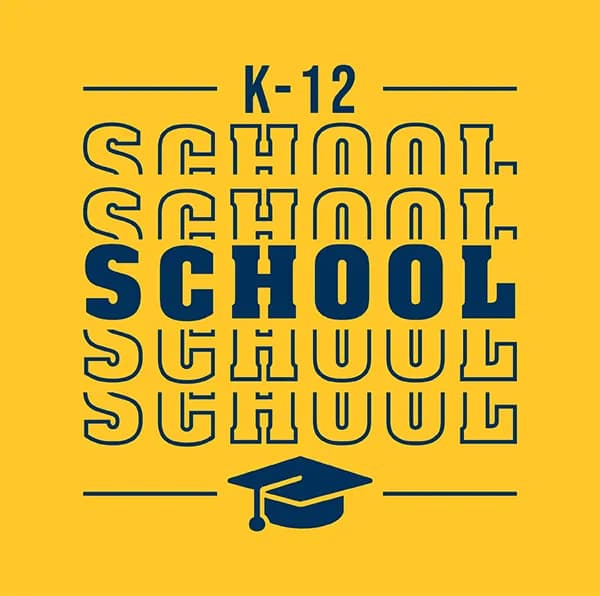 Design template inspiration stating "K12 School" in navy text on a yellow background.
