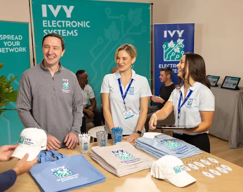 Three coworkers stand at a tradeshow booth, featuring custom signage, company logo uniforms, and branded giveaways.