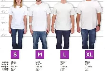 A sizing lineup shows models with their specifications with S, M, L, and XL garment measurements.