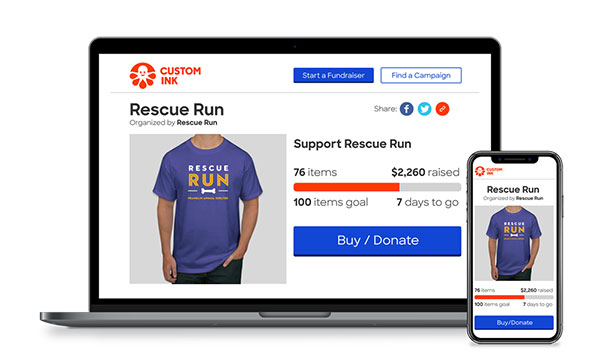 The Custom Ink Fundraising platform displayed on a laptop and phone