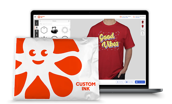 The Custom Ink Design Lab displayed on a laptop with a shipping bag to show that orders can be shipped directly to your group members.