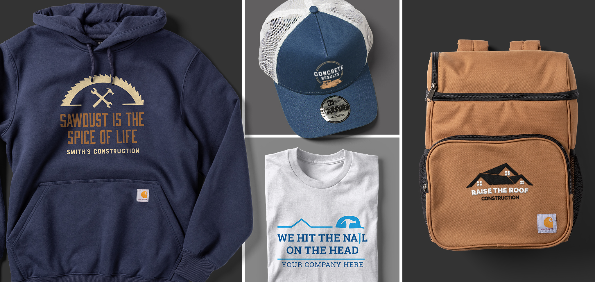 A custom hoodie, a hat, a t-shirt, and a backpack customized with construction slogans and sayings.