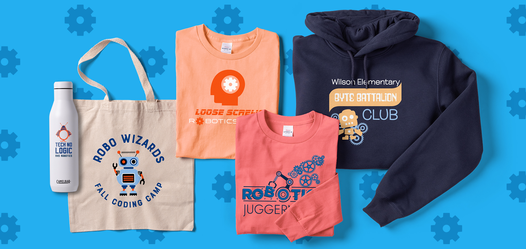 Custom water bottles, tote bags, t-shirts, hoodies customized with robotics team names