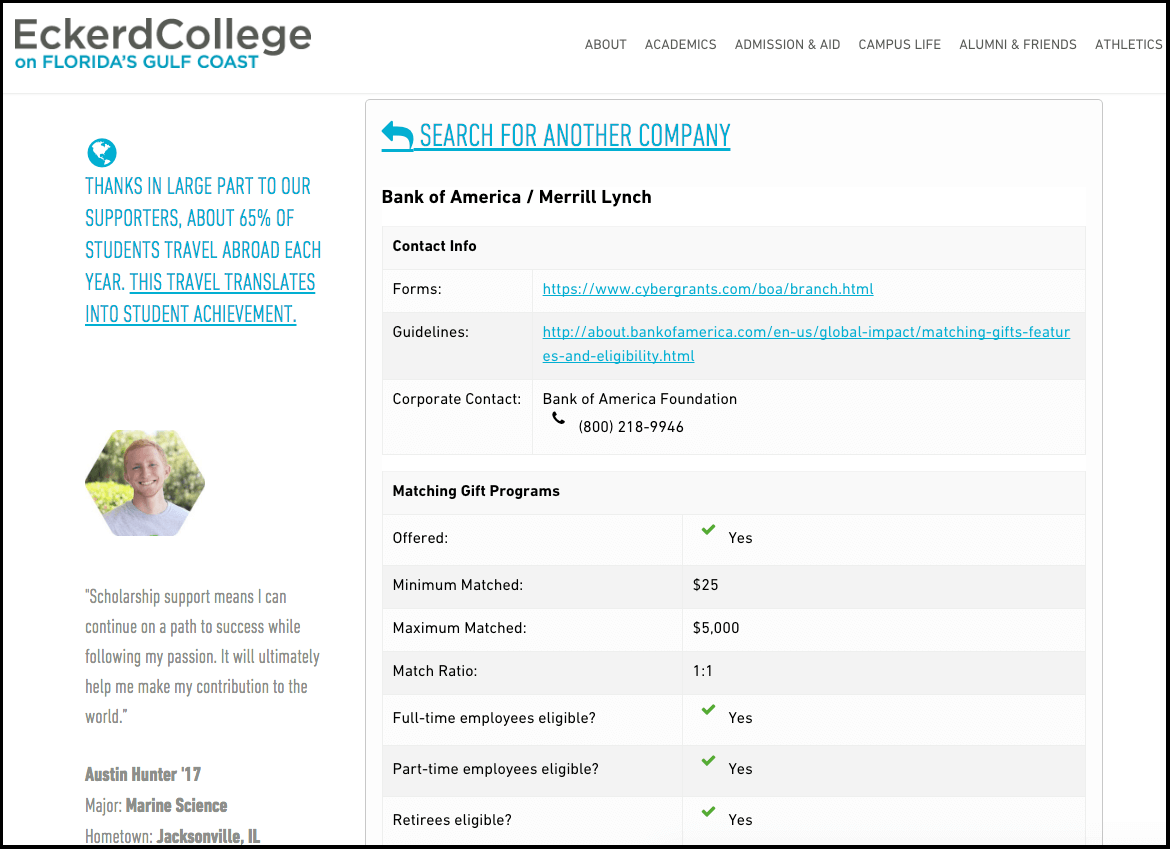 Matching gifts - Dedication matching gift page - Eckerd College