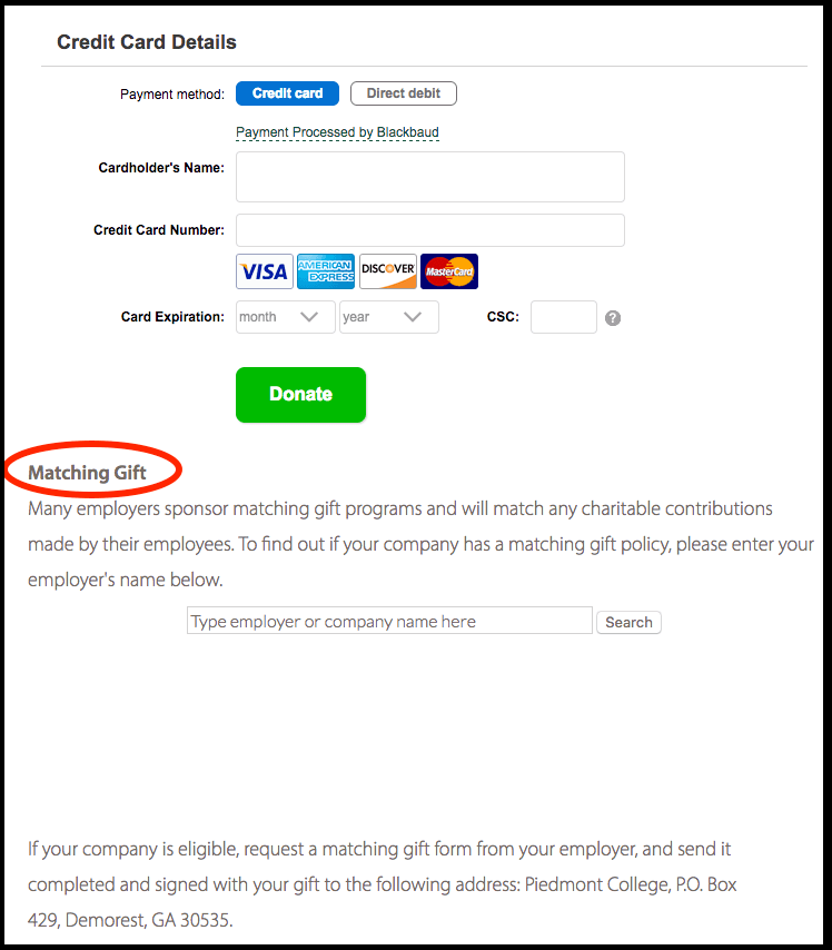 Matching gifts - Donation page - Piedmont College