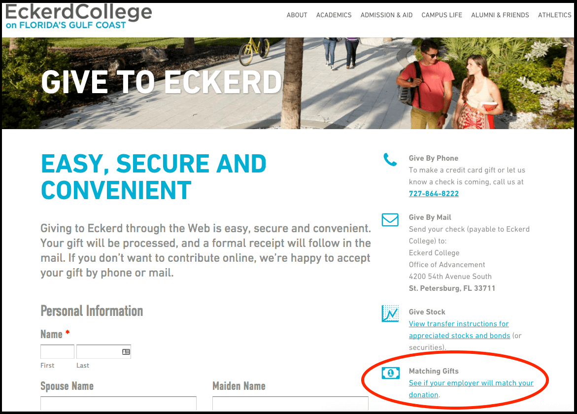 Matching gifts sidebar navigation Eckerd College
