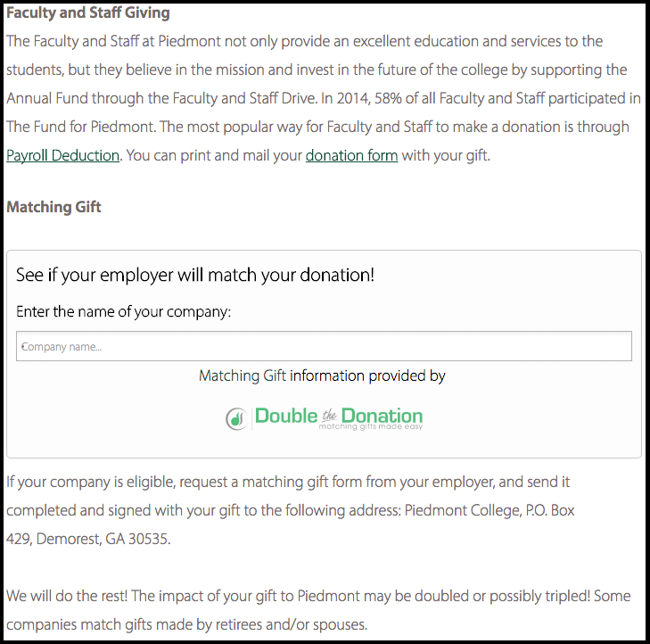 Matching gifts - Ways to give page - Piedmont College