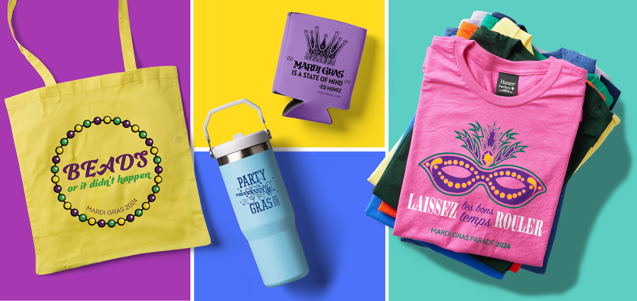 A custom tote bag, Koozie, tumbler, and t-shirts with mardi gras quotes and sayings printed on them.