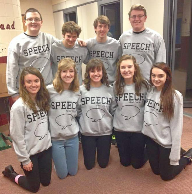 Speech and debate team members in custom apparel celebrating forensics and argument excellence