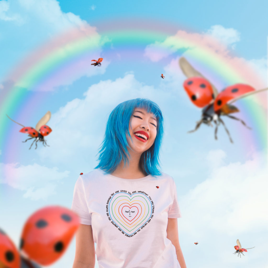 a woman in her custom t-shirt for her t-shirt fundraiser