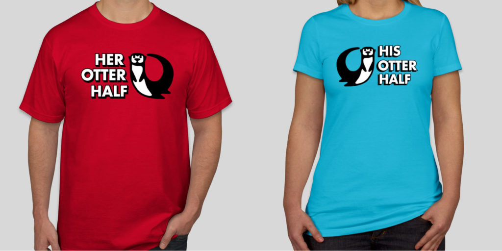 A pair of custom couple shirts with otters and the text his otter half and her otter half on them.