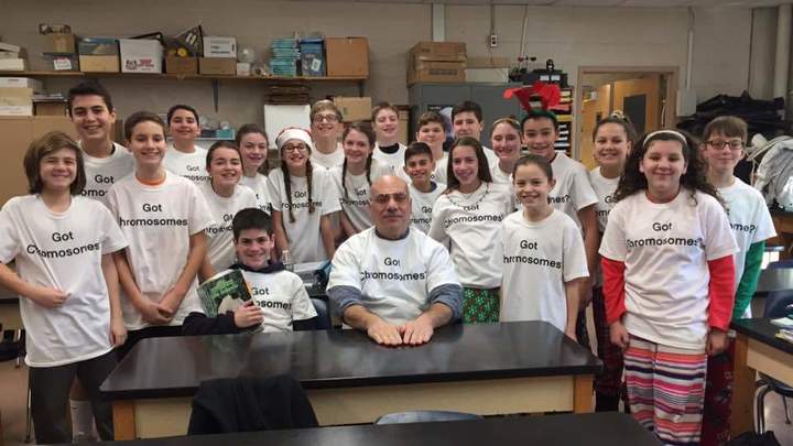 Science teacher classroom illustration with beakers, atoms, and DNA helix for custom science t-shirts