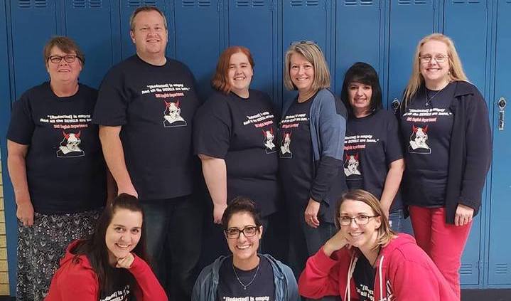 English teacher literature illustration with books, pens, and classroom themes for custom t-shirts