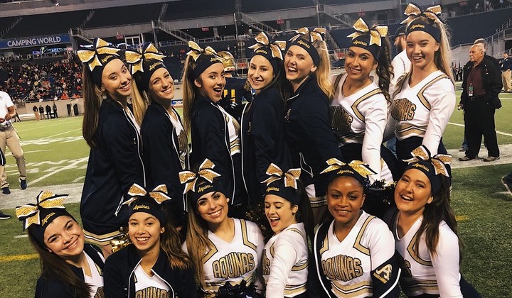 High school varsity cheerleading squad wearing matching custom shirts for senior night at the stadium