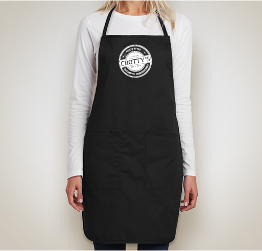 A black custom apron with the Crotty's logo.