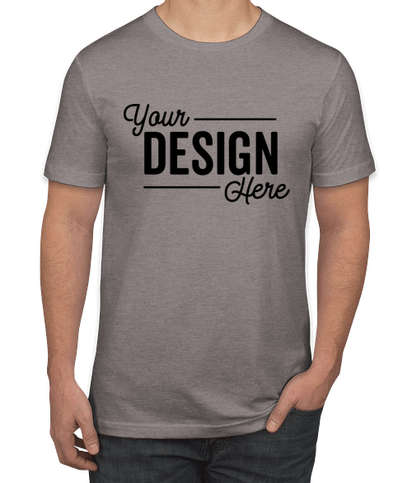 A cropped image of a male model's torso wearing a dark grey custom t-shirt with black text that reads Your Design Here