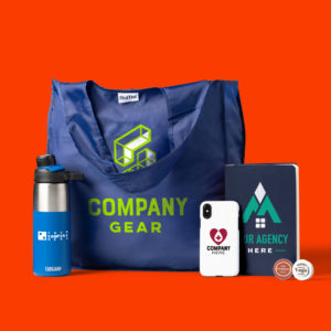 A custom water bottle, custom nylon bag, custom phone case, and custom notebook all on a red background.