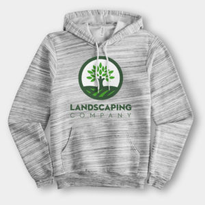 A photo of a Bella + Canvas Ultra Soft Pullover Hoodie in Light Grey Marble with a "Landscaping Company" logo on the front.