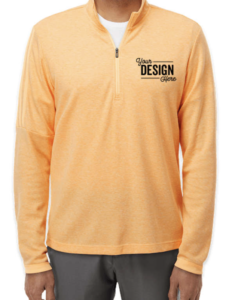 The Adidas 3-Stripes Recycled Quarter Zip Sweatshirt, here in Acid Orange Melange, is an excellent sustainable custom sweatshirt. 
