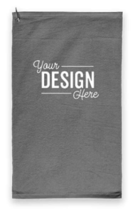A Port Authority Grommeted Microfiber Golf Towel in Deep Smoke with "Your Design Here" printed on the front. 