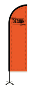 An orange Full Color 8' Portable Feather Flag with Cross Base with "Your Design Here" printed at the top in black ink.