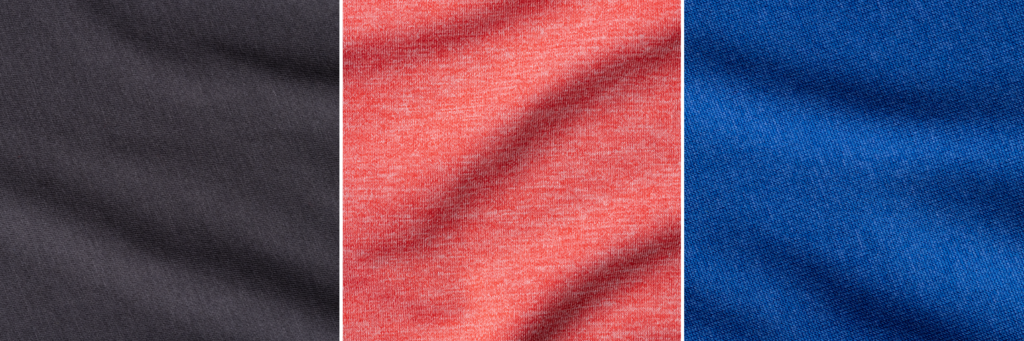 Three side-by-side close-ups of blended fabrics. From left to right: a deep navy cotton/poly blend; a heather red tri-blend; and royal blue 100% polyester. 