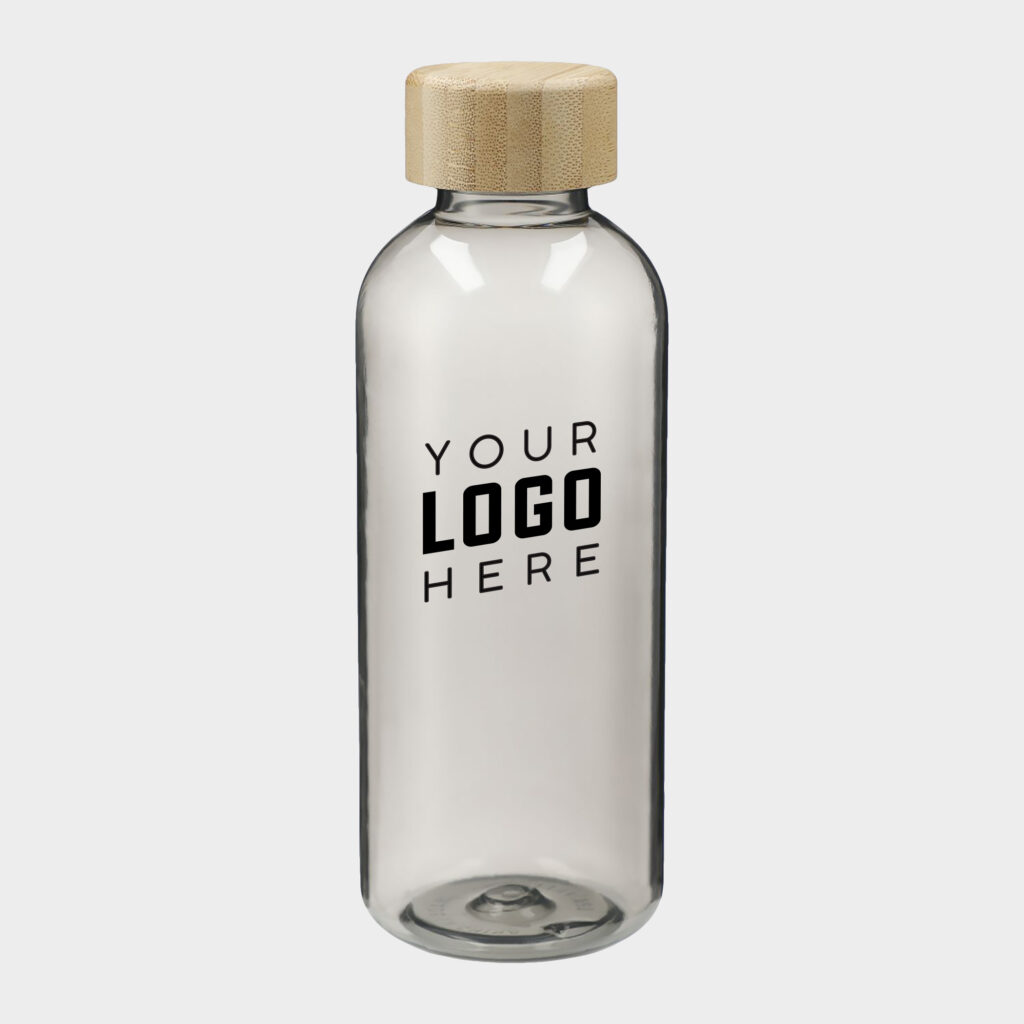 A custom glass water bottle with "Your Logo Here" printed on the body. 