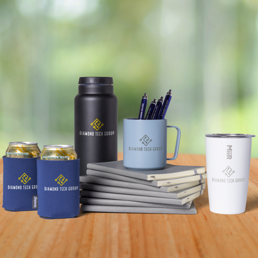 custom office supplies and drinkware on a desk