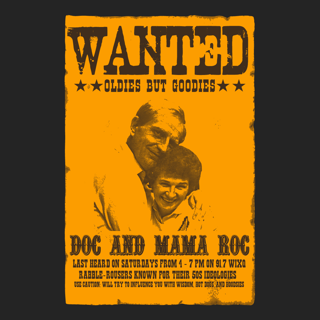 WIXQ Flash917 Fundraiser: Doc and Mama Roc Wanted T-Shirt shirt design - zoomed