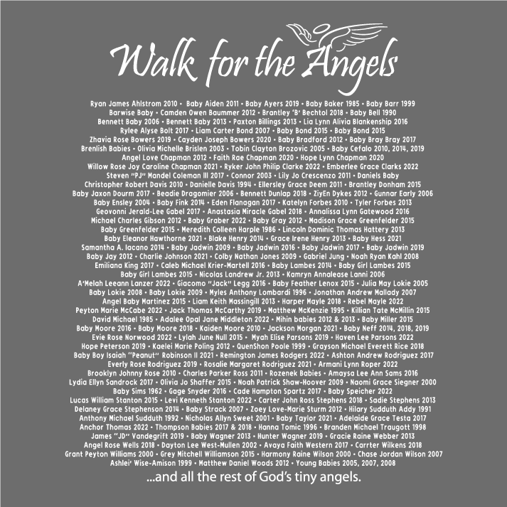 2022 Walk for the Angels walk-a-thon, Saturday October 8th 2:00-4:00pm, Malone University Canton, OH shirt design - zoomed