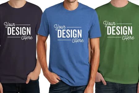 A close up shot of three models wearing recycled custom t-shirts.