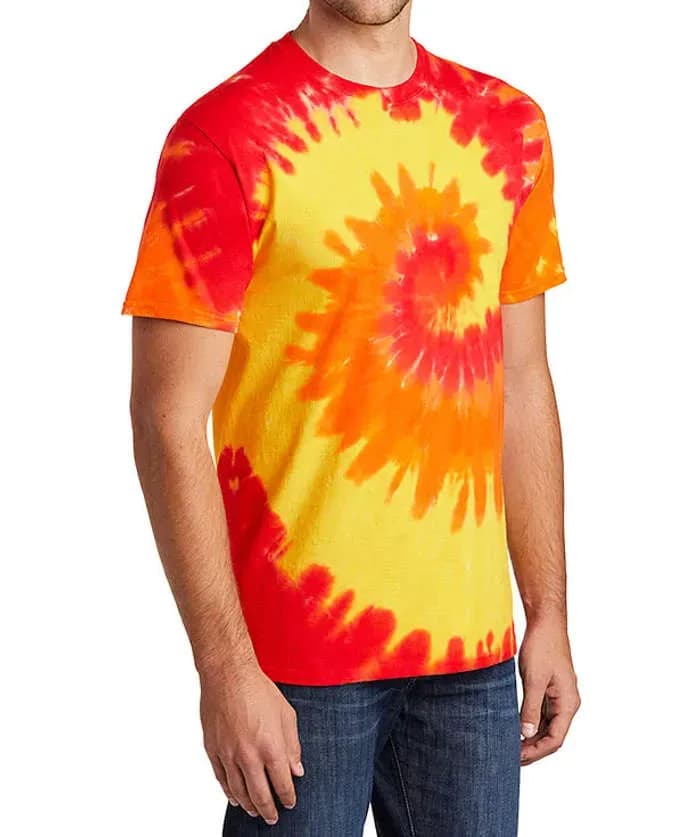 A close up of a tie-dyed t-shirt as an example of fabric dye treatment.