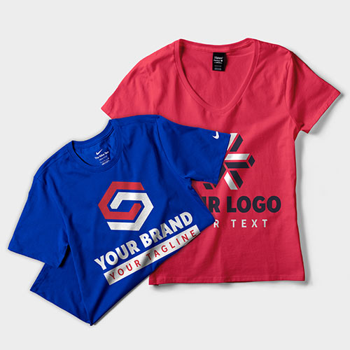 Two custom t-shirts that say 'Your Brand' and 'Your Logo.'