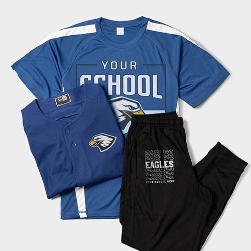 Two performance t-shirts and sweatpants with school designs.