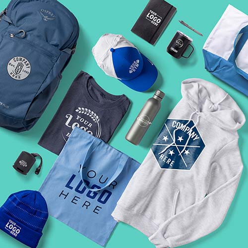 A variety of customized products, like backpacks, t-shirts, hoodies, pens, tote bags, hats, and notebooks.