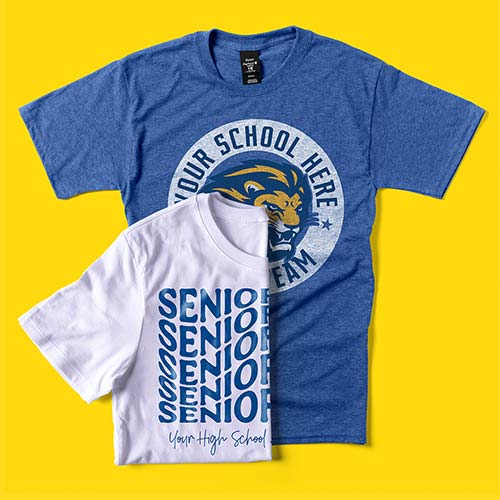 Two short sleeve t-shirts customized with school names and mascots.