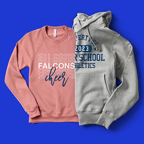 A cropped crewneck sweater and a hoodie customized with school activity designs.